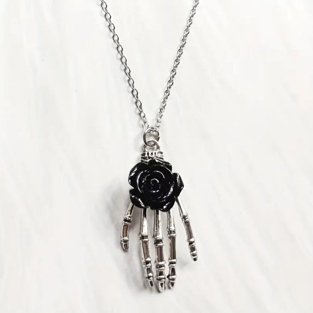 NEW skeleton necklace, punk jewelry, Skeleton and flower necklace, black goth